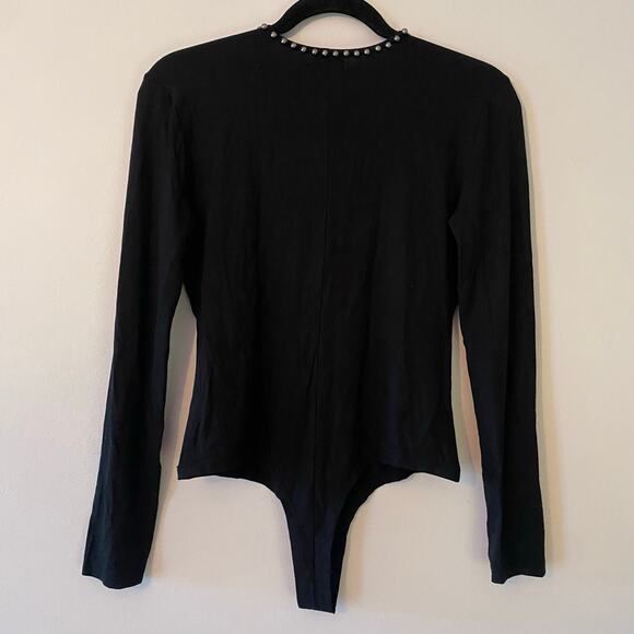 NWT NBD Black Beaded V-neck Bodysuit Long Sleeve Stretchy Glam Women size Medium - Picture 7 of 12